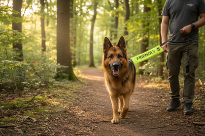 Neon green band with 'FRIENDLY' text on a wooden block on grass
