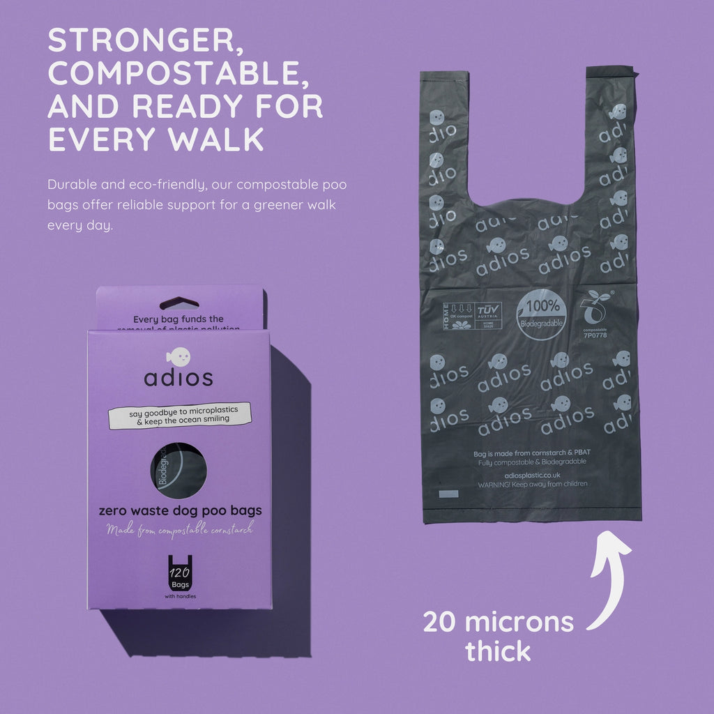 Compostable Dog Poo Bags - 120 Pack with Handles | Adios Plastic