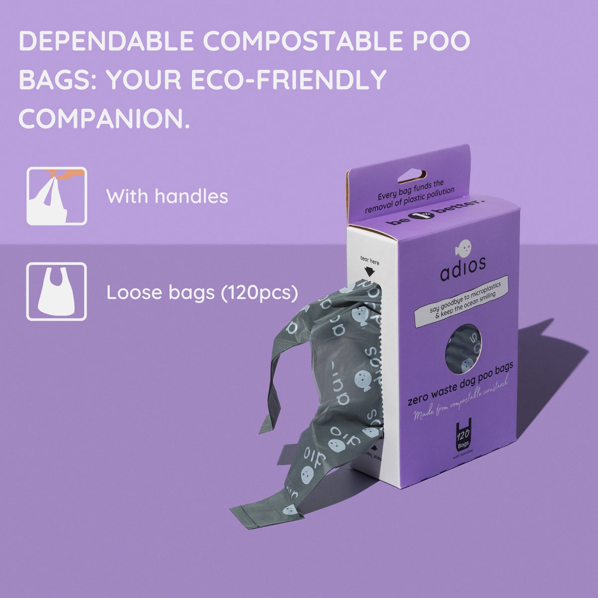 Compostable Dog Poo Bags - 120 Pack with Handles | Adios Plastic